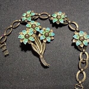 Vintage Symmetallic Sterling 14k Floral Enamel Brooch and Bracelet  (2)
